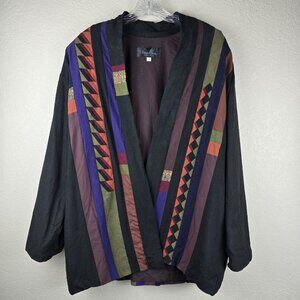 Vintage Anna Brown L Cardigan Jacket Art-to-Wear Open Striped Patchwork Boho